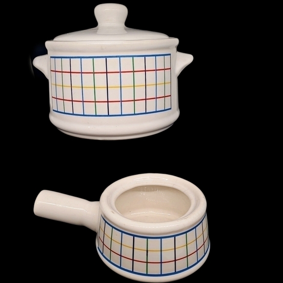 1980's/90's Mardi Gras pattern stoneware? cooking pot & French onion soup bowl - Picture 2 of 7